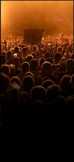 Crowd silhouetted against warm stage light at a festival